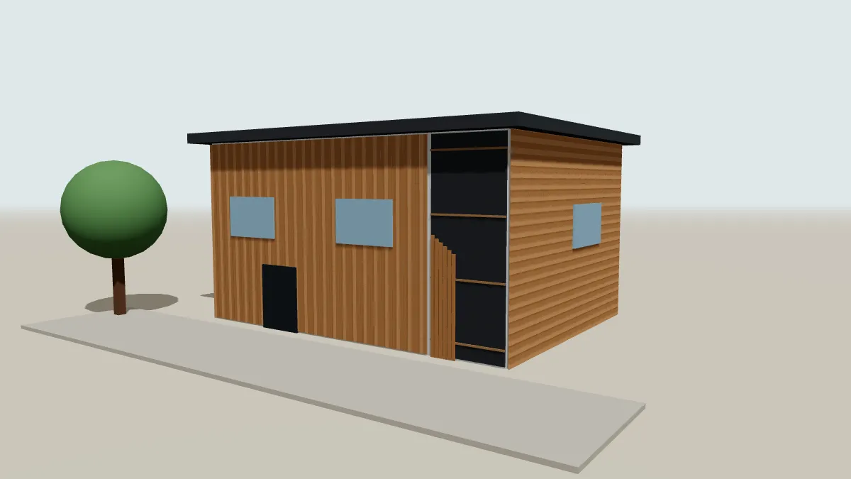 Illustration 3D d'une maison avec bardage bois vertical et horizontal à clin, une partie écorchée montrant le pare-pluie et les tasseaux