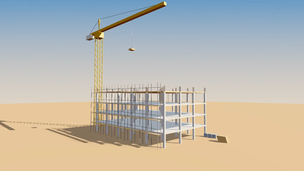 Illustration 3D d'un chantier de construction avec grue et échafaudage