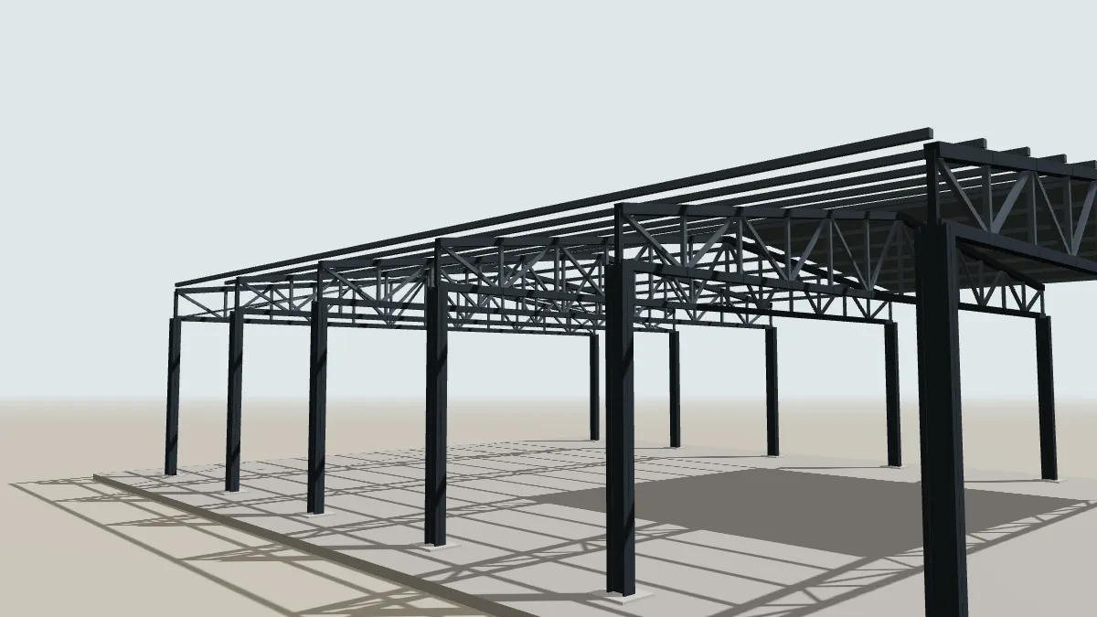 Illustration 3D d'une charpente métallique à fermes en treillis sur poteaux, avec pannes et contreventements de toiture