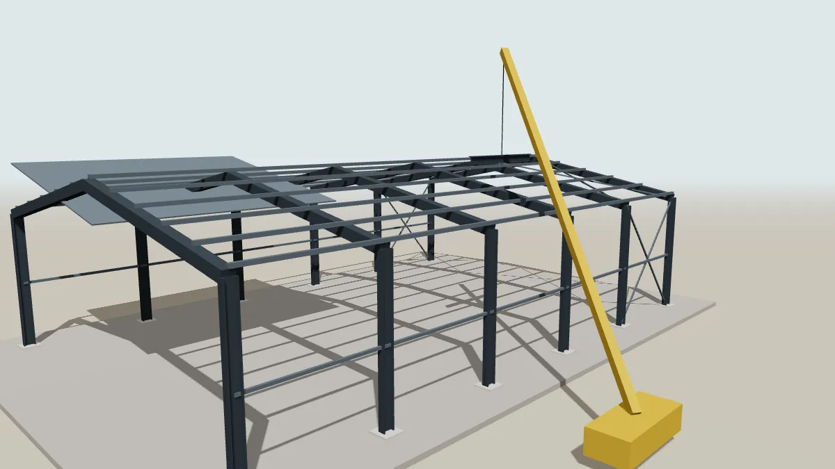 Illustration 3D d'un hangar en charpente métallique en cours de montage : portiques, pannes, contreventements en croix et grue
