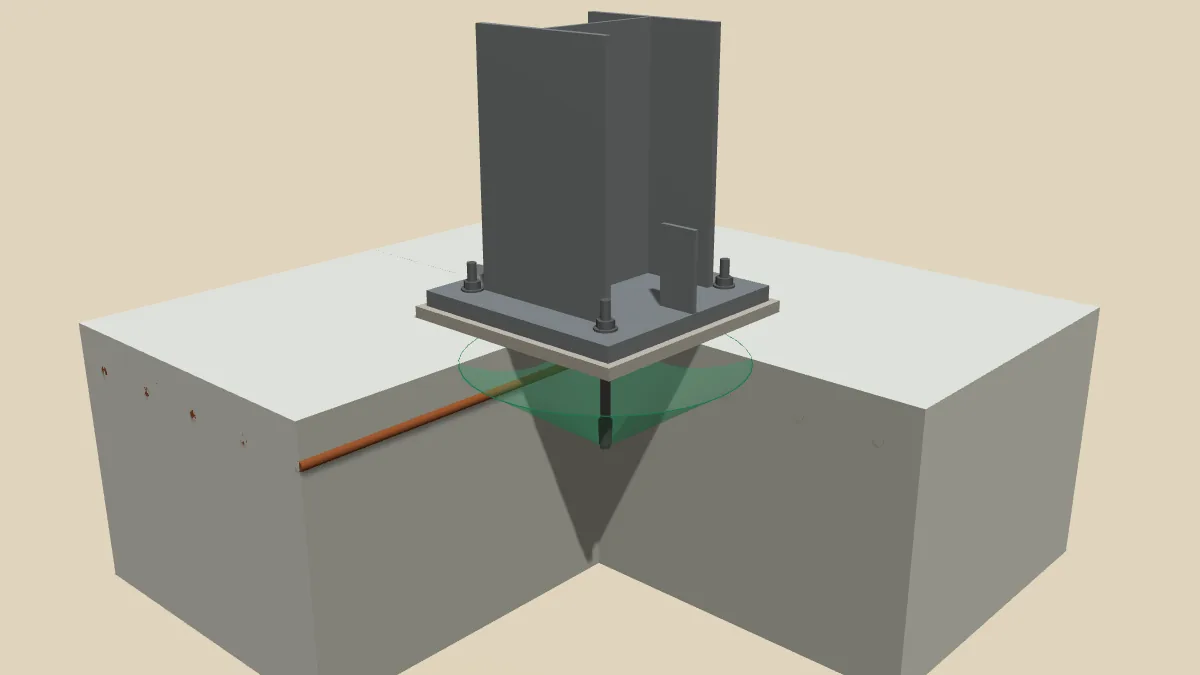 Illustration 3D d'un pied de poteau fixé par quatre chevilles avec le cône d'arrachement du béton
