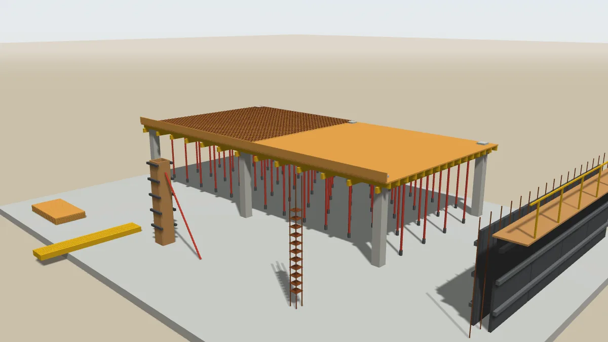 Illustration 3D d'un chantier de coffrage : dalle coffrée sur étais, coffrage bois de poteau et banches métalliques