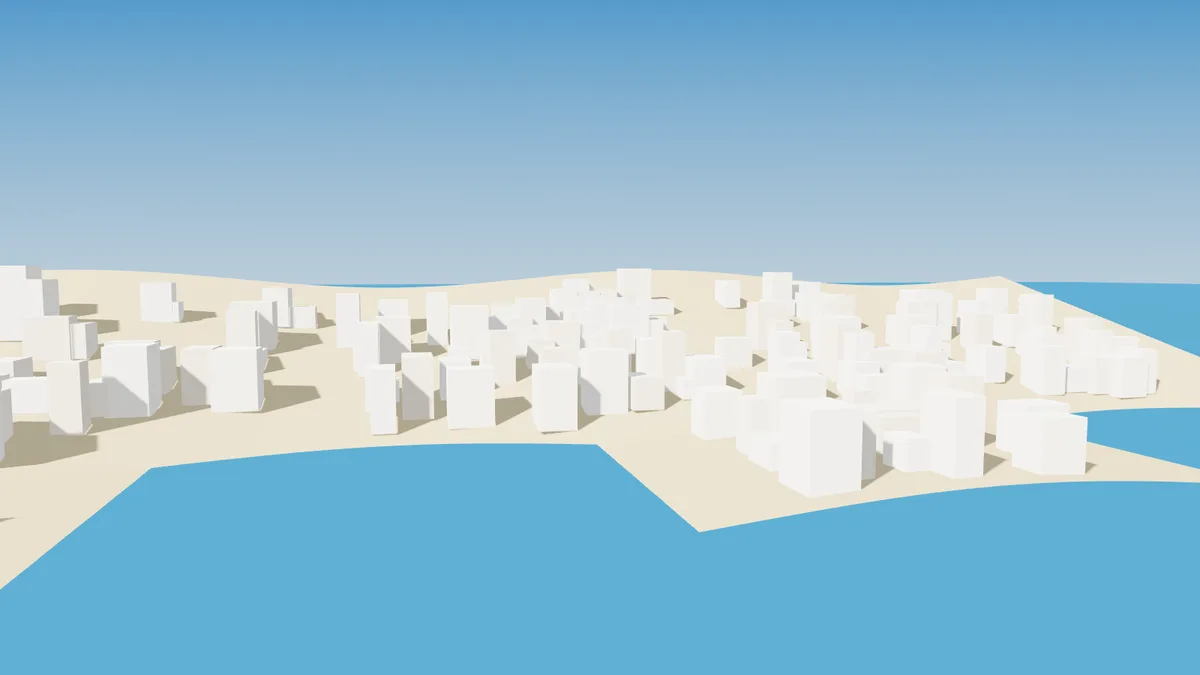 Illustration 3D de maisons blanches sur une colline face à la mer