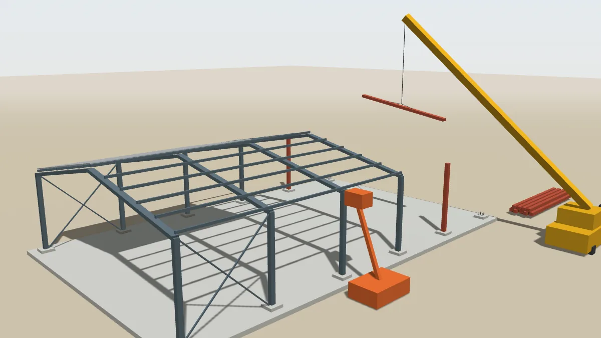 Illustration 3D du montage d'une charpente métallique avec une grue mobile levant une traverse