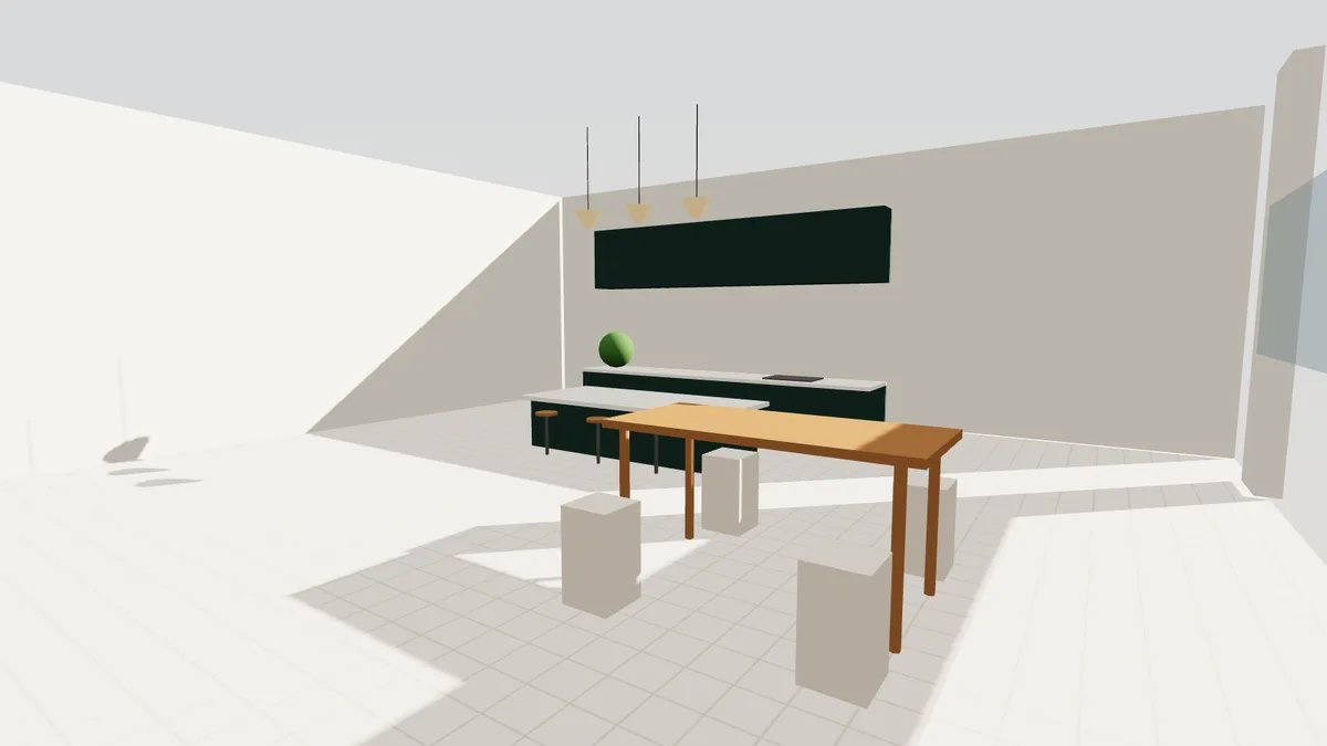 Illustration 3D d'une cuisine ouverte avec îlot et table à manger