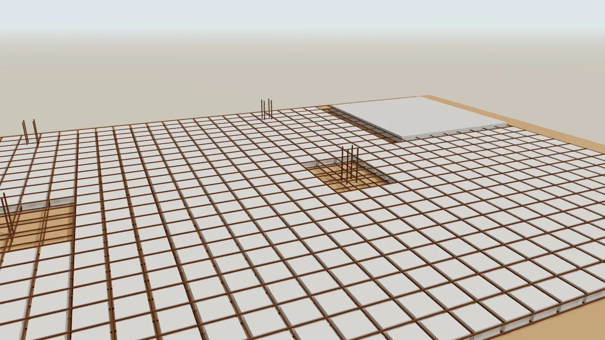 Illustration 3D de caissons récupérables posés sur coffrage, avec le ferraillage des nervures d'une dalle réticulée avant coulage