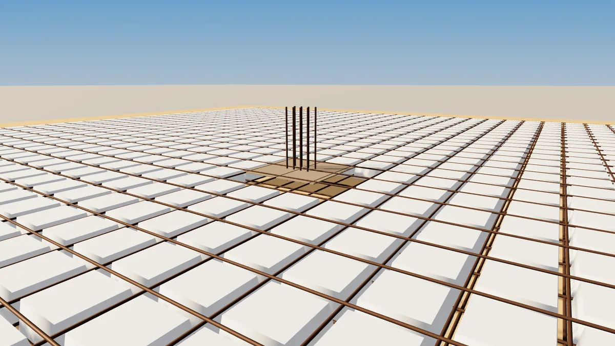 Illustration 3D du ferraillage des nervures entre les caissons d'une dalle réticulée