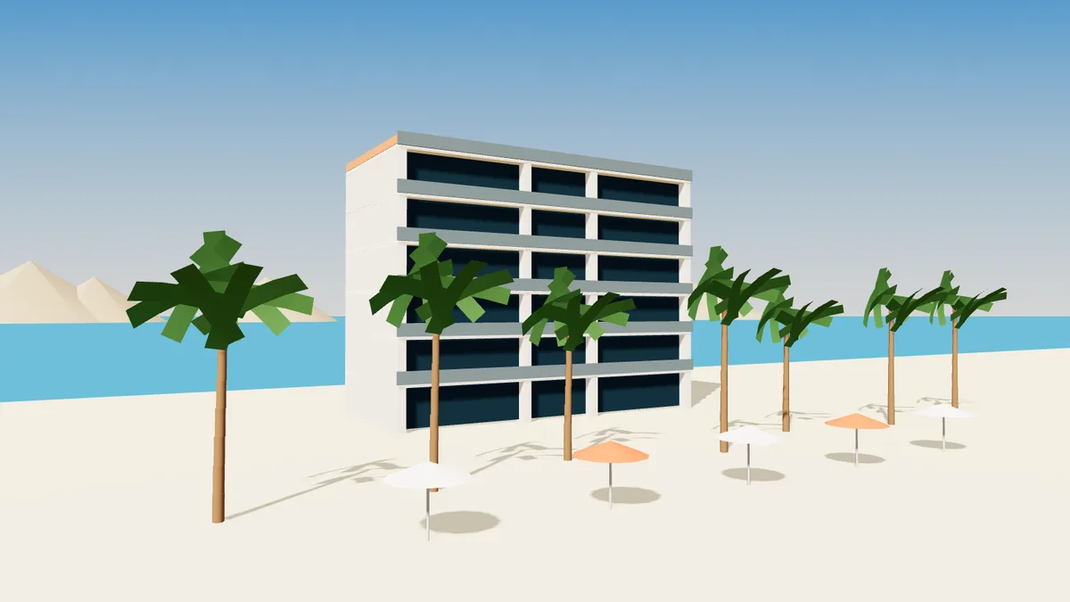 Illustration 3D d'un immeuble à voiles en béton sur le front de mer