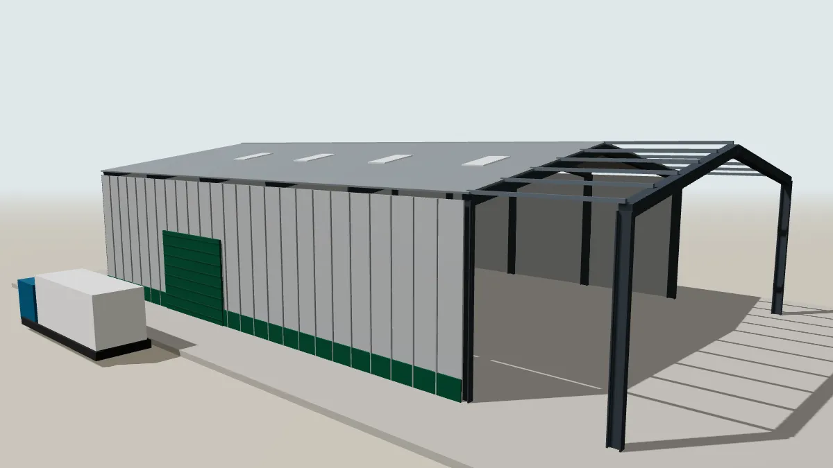 Illustration 3D d'un hangar métallique avec bardage, porte sectionnelle et plaques translucides, une travée encore ouverte montrant les portiques