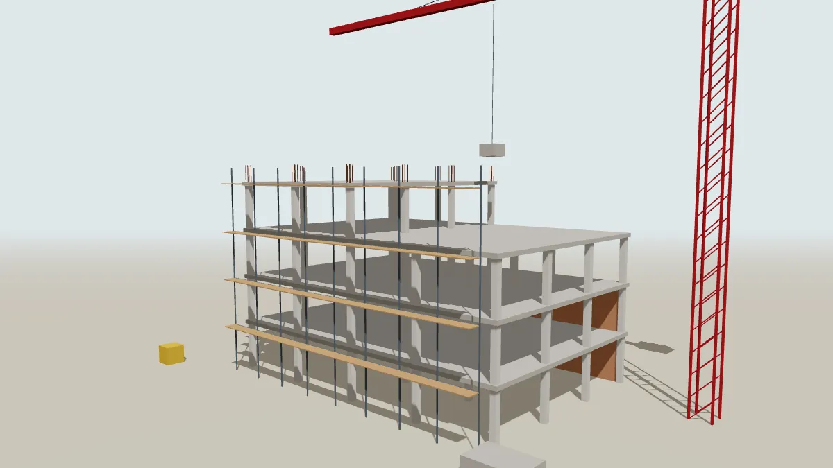 Illustration 3D d'un immeuble en béton armé en construction, avec échafaudage, attentes de poteaux et grue à tour