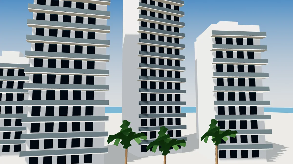 Illustration 3D d'immeubles résidentiels blancs en bord de mer