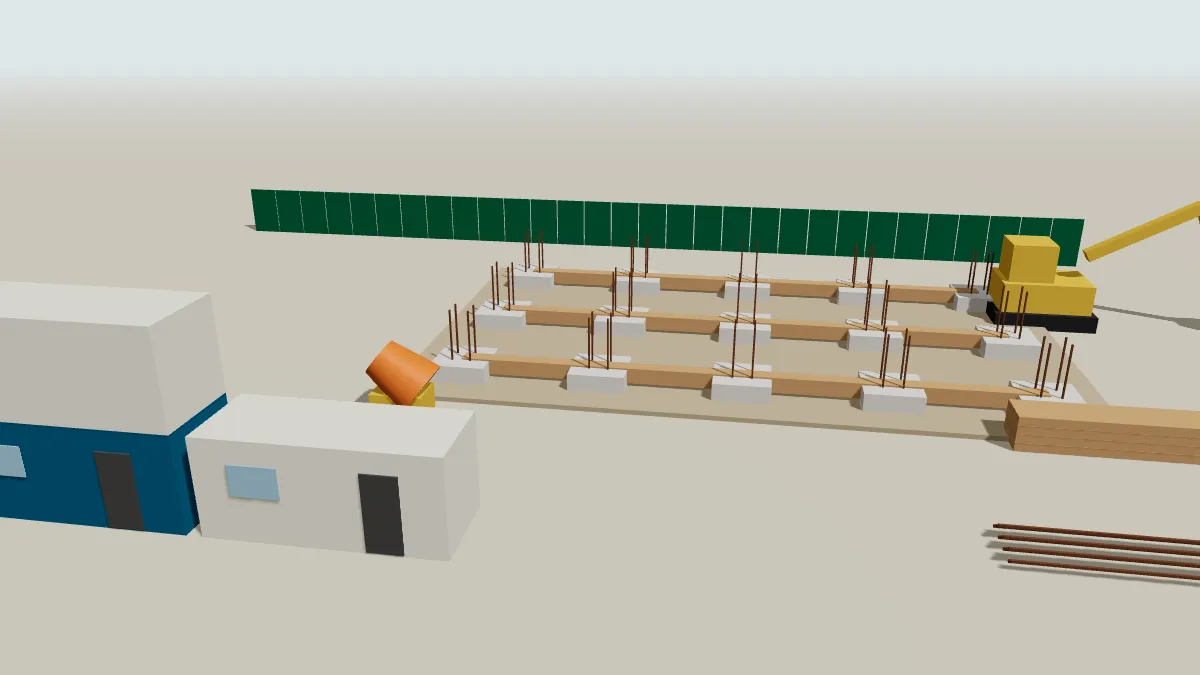 Illustration 3D d'une installation de chantier : bungalows de base vie, fondations en cours avec attentes, bétonnière, pelle et palissade