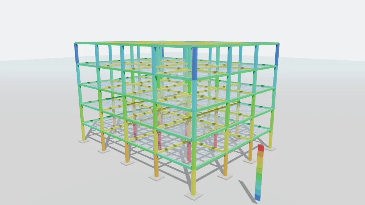 Ilustración 3D de un modelo de cálculo de un edificio de hormigón armado, con pilares y vigas coloreados según los esfuerzos
