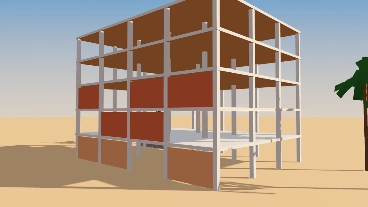 Illustration 3D d'une ossature en béton armé en construction, montagnes en arrière-plan