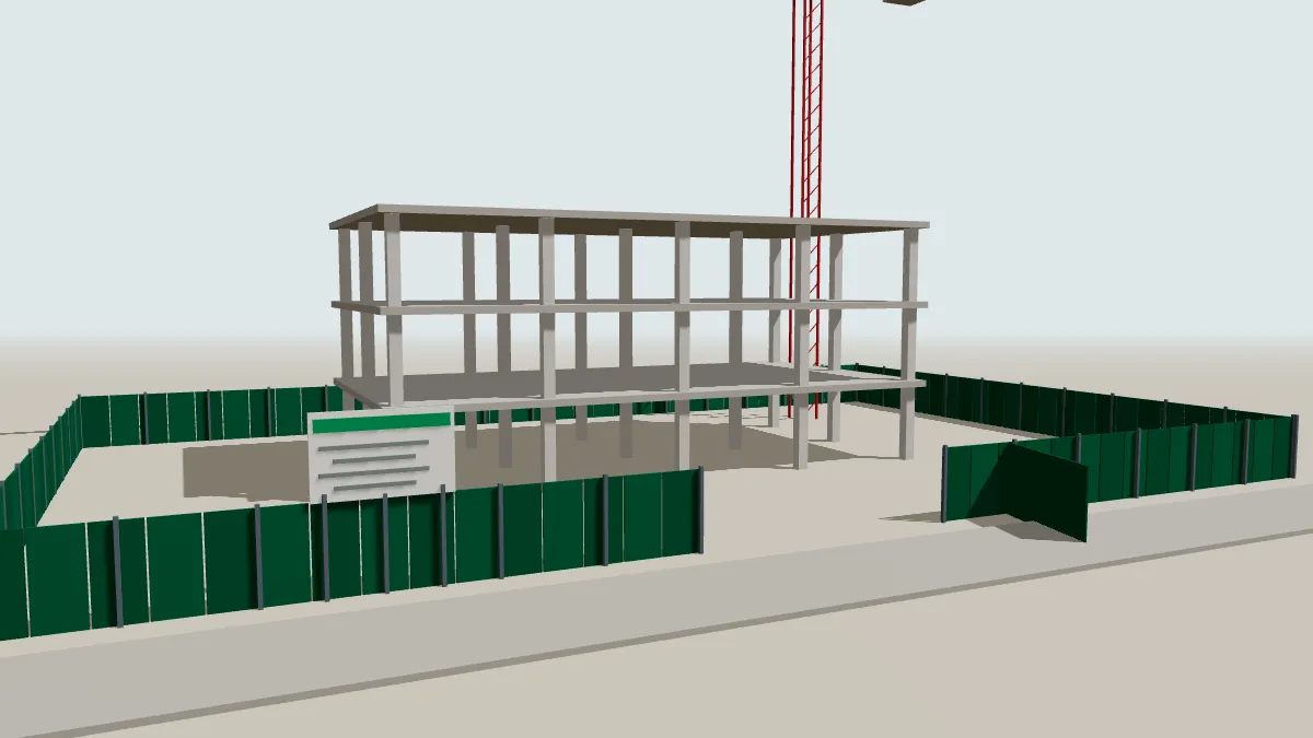 Illustration 3D d'une palissade de chantier en tôle verte autour d'un immeuble en construction, avec portail, panneau de chantier et grue