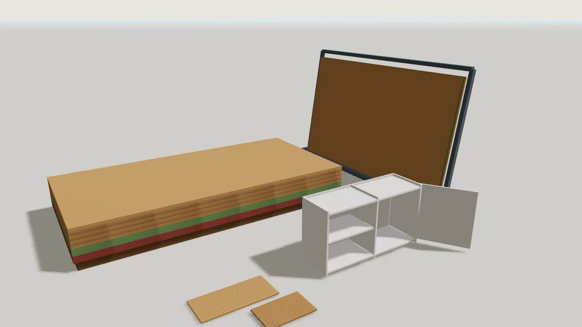 Illustration 3D d'une pile de panneaux MDF bruts, hydrofuges et ignifugés, de panneaux sur chevalet et d'un caisson de meuble en MDF laqué