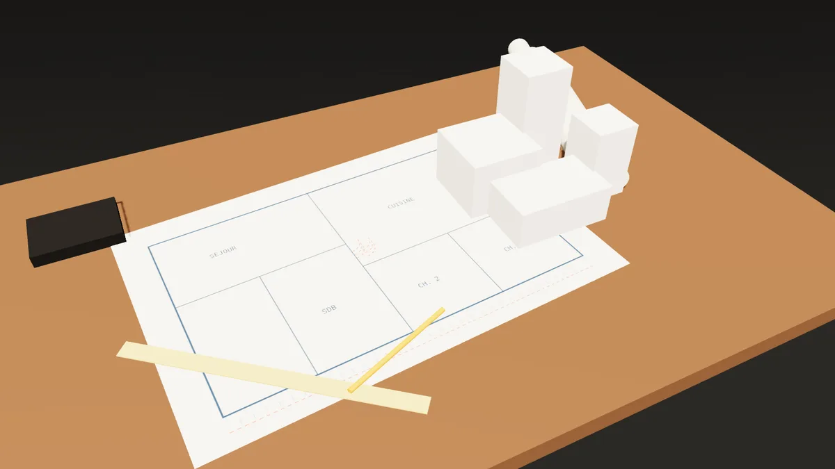 Illustration 3D d'un plan d'architecte et d'une maquette de volumes sur une table