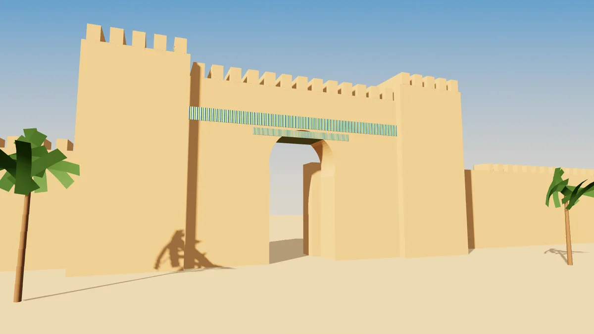 Illustration 3D d'une porte monumentale en arc outrepassé dans des remparts