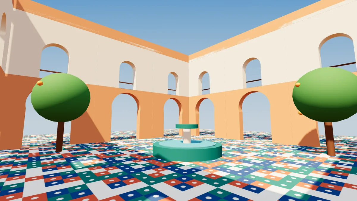 Illustration 3D d'un patio de riad avec arcs, fontaine et zellige