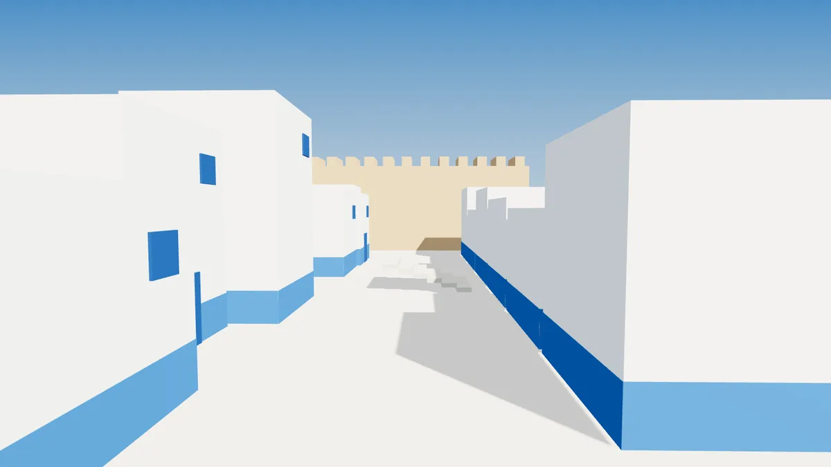 Illustration 3D d'une ruelle aux murs blancs et bleus