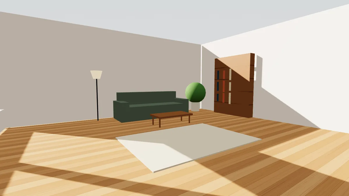Illustration 3D d'un salon aménagé avec parquet, canapé et bibliothèque
